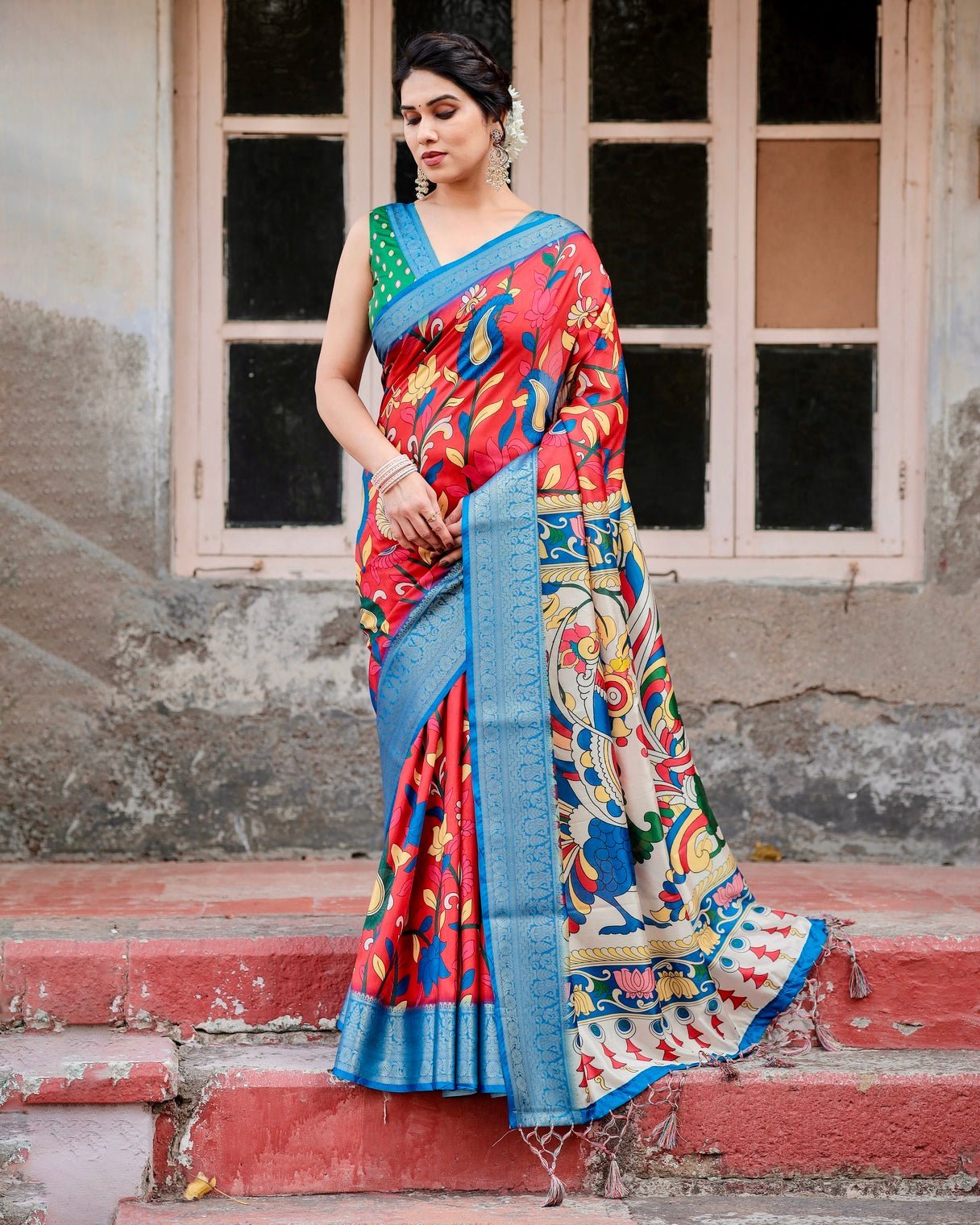 Multicolor Tussar Silk Saree with Vibrant Peacock and Floral Motifs DIGITAL PRINT Main image