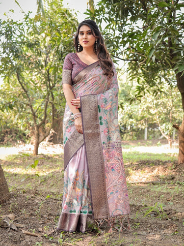 Lilac and Purple Digital Print Tussar Silk Saree with Zari Diamond Border and Lotus Motif Pallu DIGITAL PRINT