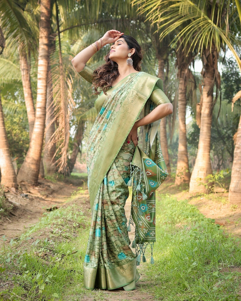 Elegant Light Green Tussar Silk Saree with Zari Motif Border and Contemporary Checkered Pallu Design DIGITAL PRINT