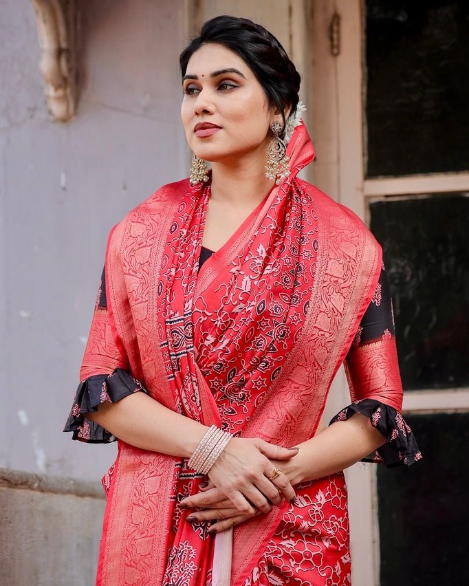 Fiery Red Tussar Silk Saree with Ornamental Motifs and Detailed Zari Pallu DIGITAL PRINT