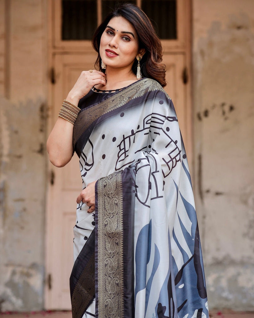 Monochrome Abstract Tussar Silk Saree with Charcoal Gray Zari Border DIGITAL PRINT