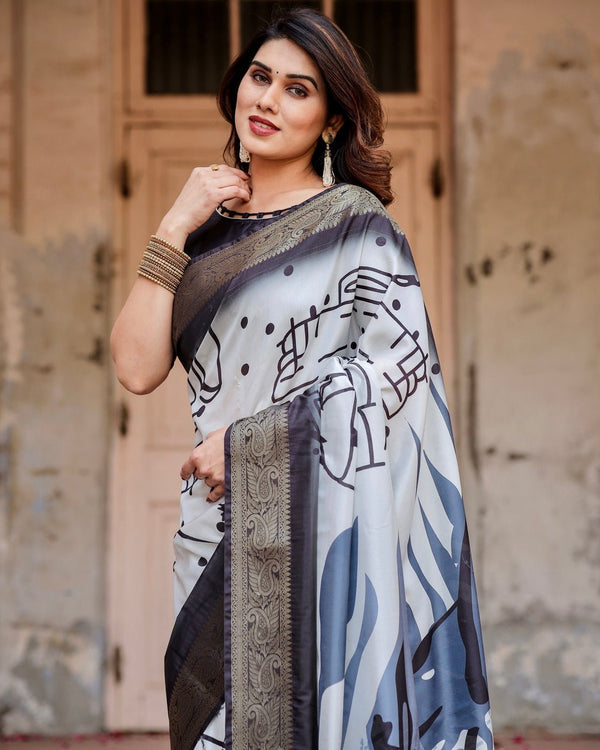 Monochrome Abstract Tussar Silk Saree with Charcoal Gray Zari Border DIGITAL PRINT