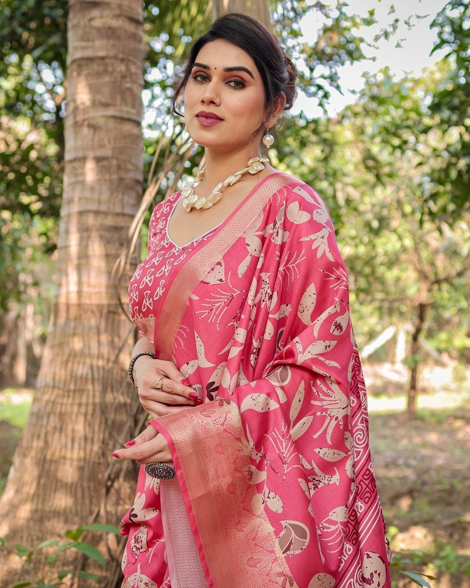 Vibrant Pink Tussar Silk Saree with Intricate Zari Border and Modern Floral Pallu DIGITAL PRINT