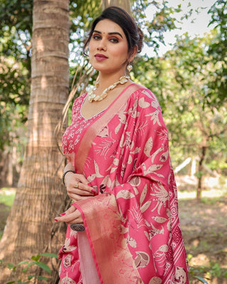 Vibrant Pink Tussar Silk Saree with Intricate Zari Border and Modern Floral Pallu DIGITAL PRINT