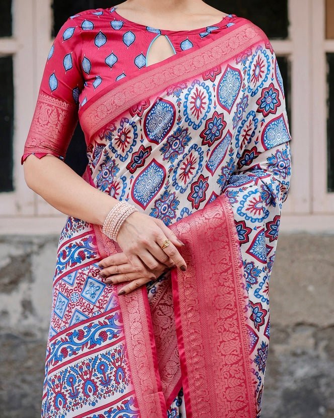 White and Red Tussar Silk Saree with Vibrant Floral Geometric Motifs and Ornamental Zari Border DIGITAL PRINT