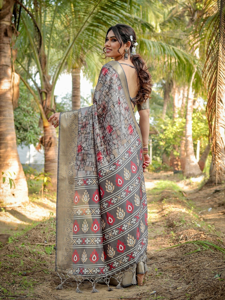 Stunning Grey Tussar Silk Saree with Golden Zari Border and Mosaic-Inspired Pallu Design DIGITAL PRINT