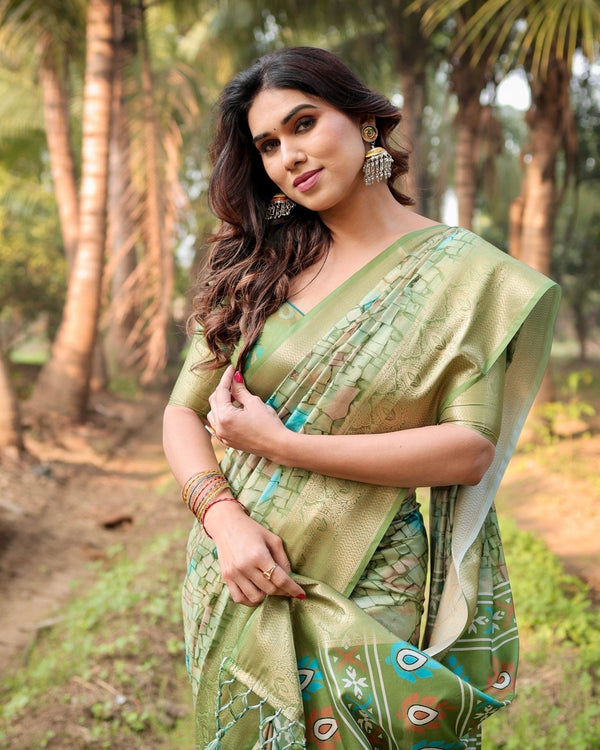 Elegant Light Green Tussar Silk Saree with Zari Motif Border and Contemporary Checkered Pallu Design DIGITAL PRINT