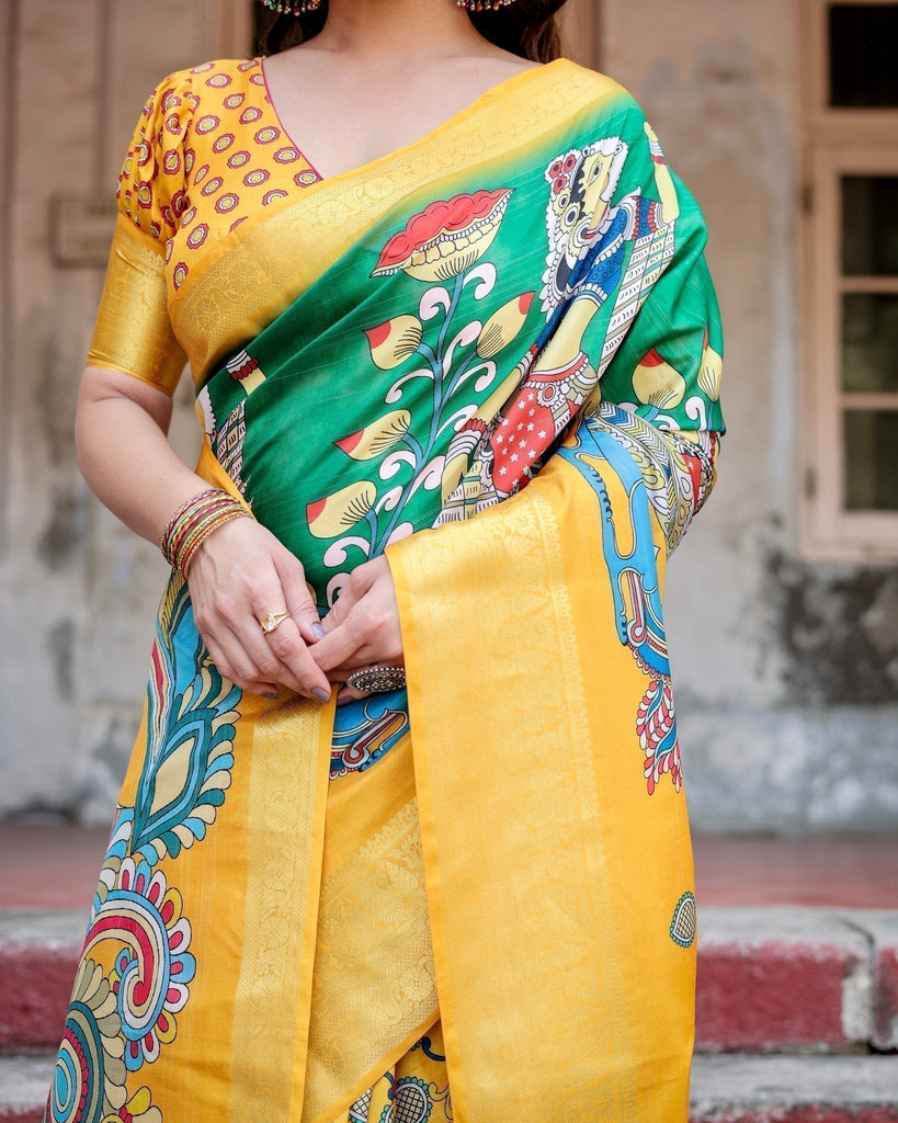 Golden Yellow Tussar Silk Saree with Vibrant Peacock Kalamkari Motifs DIGITAL PRINT