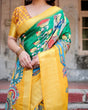 Load image into Gallery viewer, Golden Yellow Tussar Silk Saree with Vibrant Peacock Kalamkari Motifs DIGITAL PRINT
