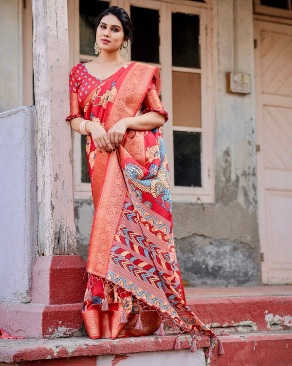 Vibrant Red Tussar Silk Saree with Bold Floral Motifs and Chevron Patterned Pallu DIGITAL PRINT