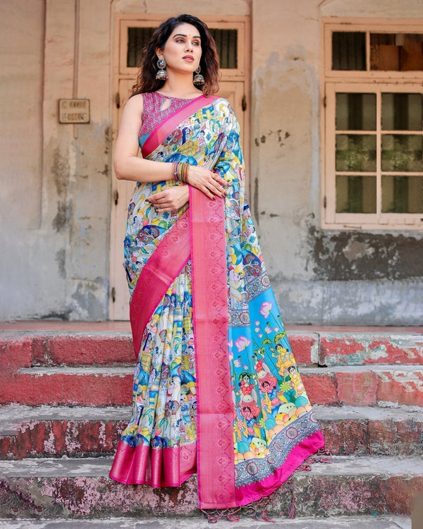 Vibrant Multicolor Digital Printed Tussar Silk Saree with Pink Zari Border DIGITAL PRINT