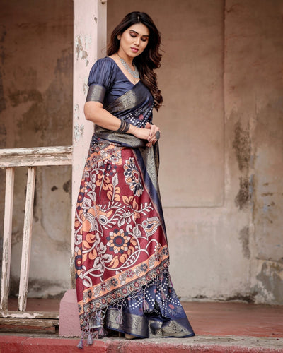 Navy Blue Tussar Silk Saree with Geometric Patterns, Zari Border, and Vibrant Pallu DIGITAL PRINT