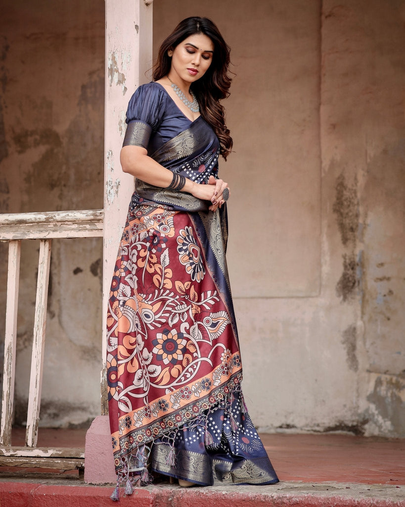 Navy Blue Tussar Silk Saree with Geometric Patterns, Zari Border, and Vibrant Pallu DIGITAL PRINT