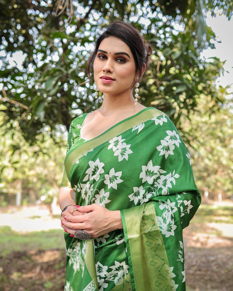 Enchanting Green Tussar Silk Saree with White Floral Prints and Zari Border DIGITAL PRINT