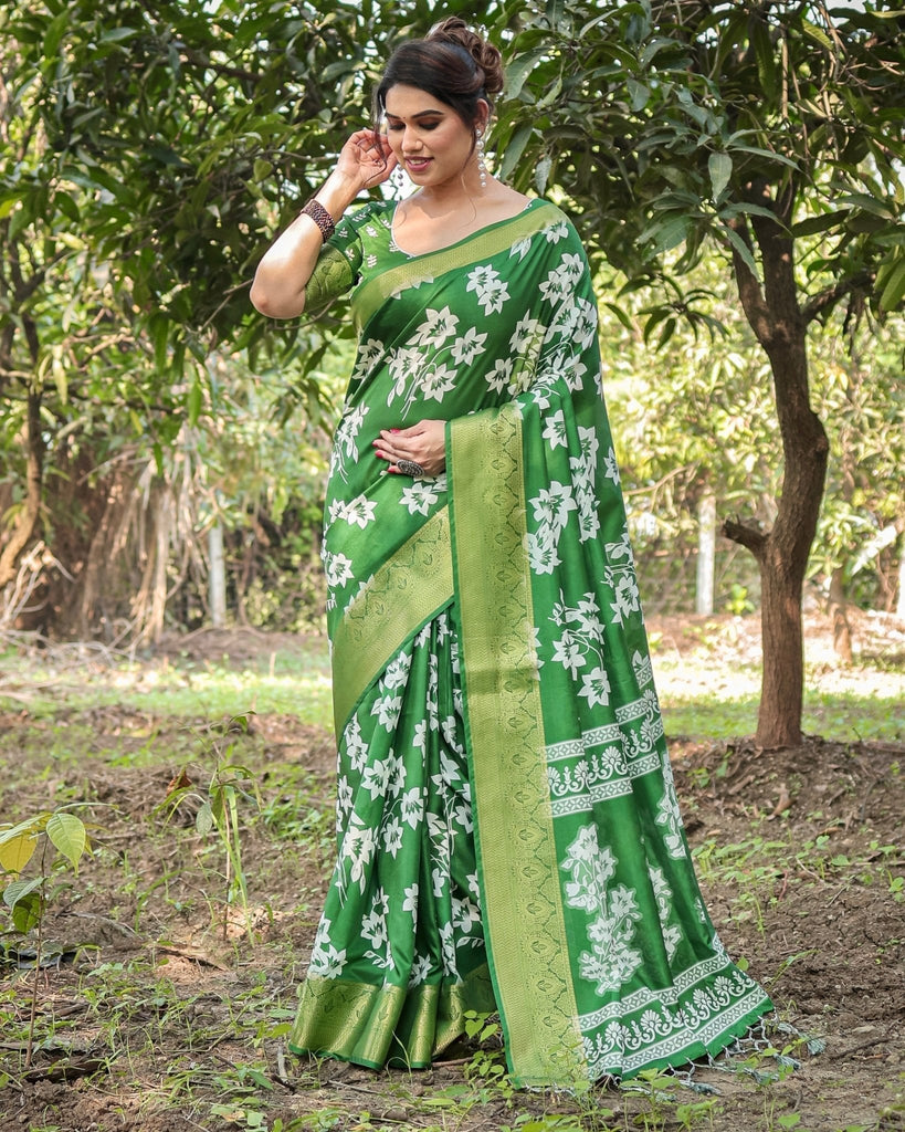 Enchanting Green Tussar Silk Saree with White Floral Prints and Zari Border DIGITAL PRINT