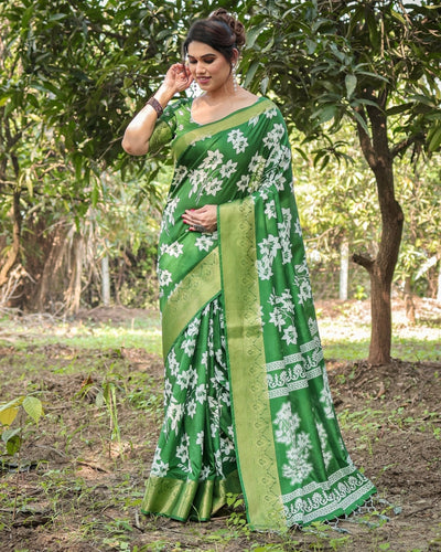 Enchanting Green Tussar Silk Saree with White Floral Prints and Zari Border DIGITAL PRINT