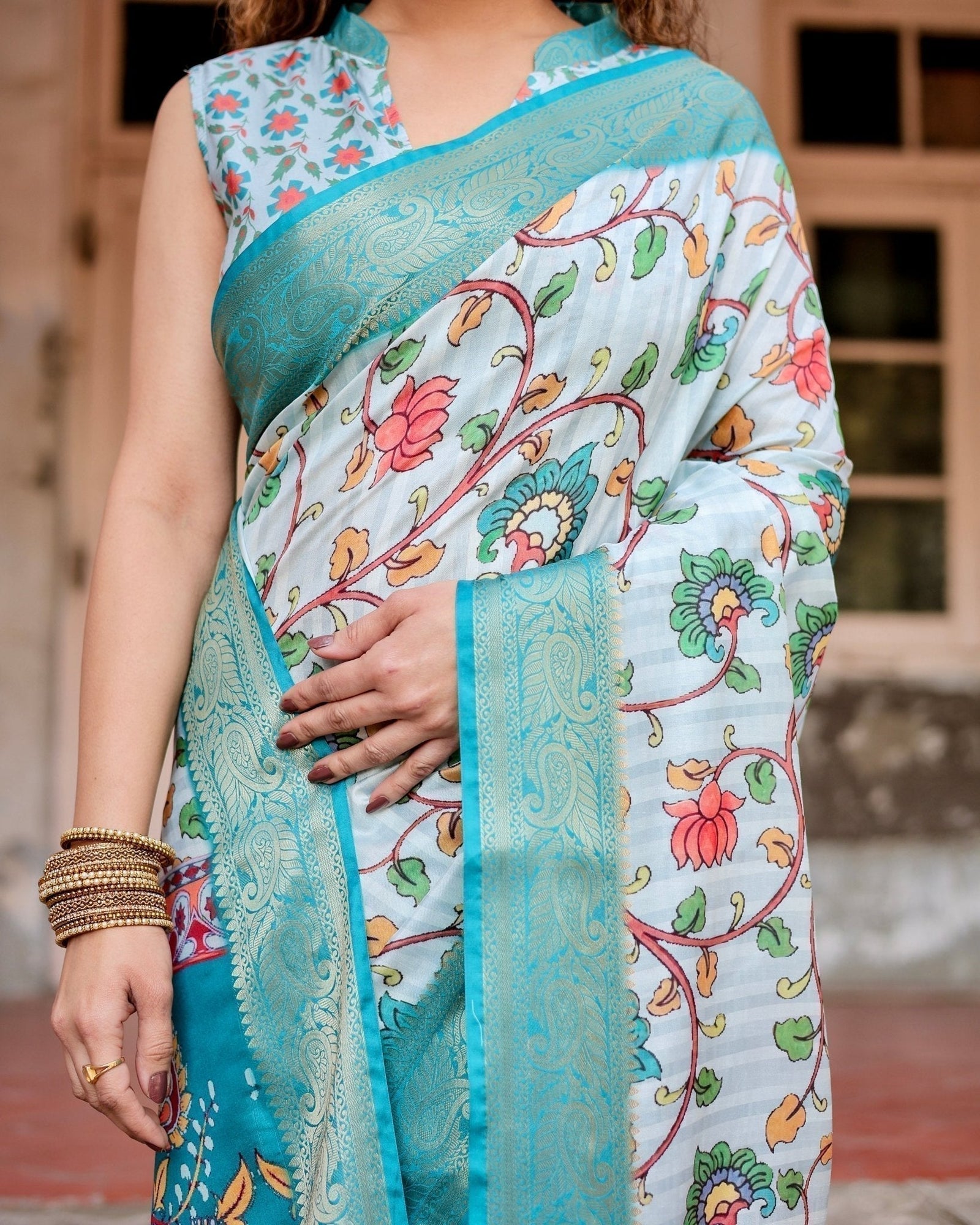 Sky Blue Tussar Silk Saree with Multicolor Floral Design and Zari Paisley Border DIGITAL PRINT