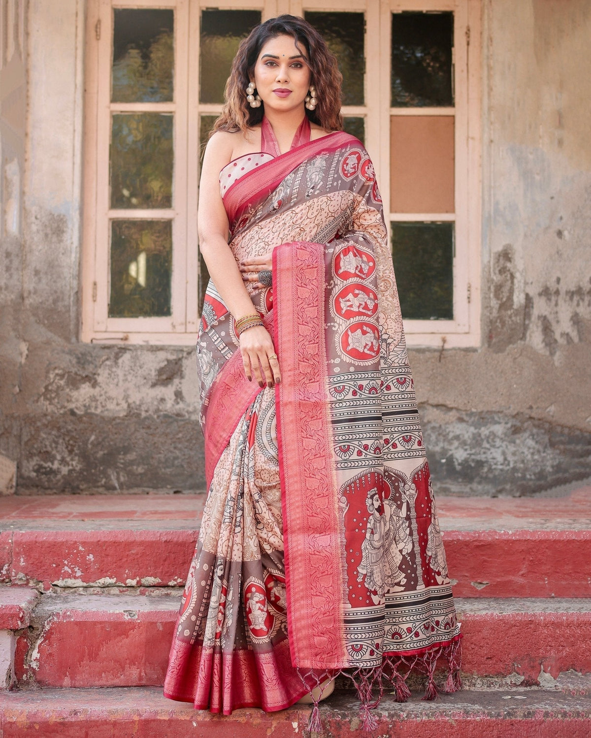 Beige and Red Tussar Silk Saree with Traditional Motifs and Ornamental Zari Border DIGITAL PRINT Main image