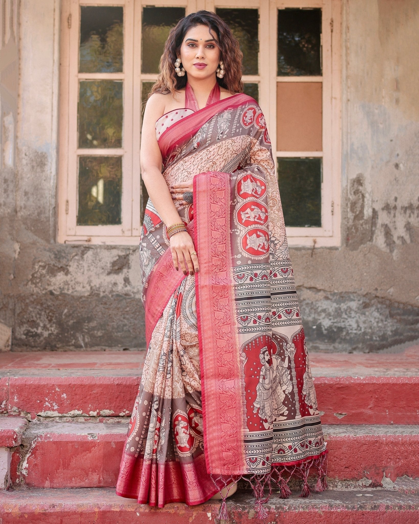 Beige and Red Tussar Silk Saree with Traditional Motifs and Ornamental Zari Border DIGITAL PRINT Main image
