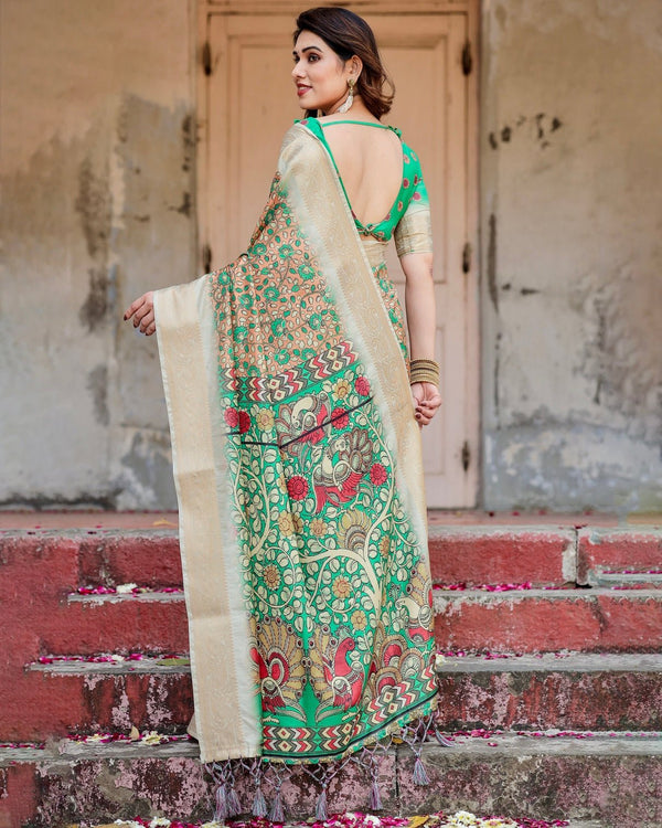 Emerald Green and Gold Tussar Silk Saree with Floral and Ornamental Motifs DIGITAL PRINT