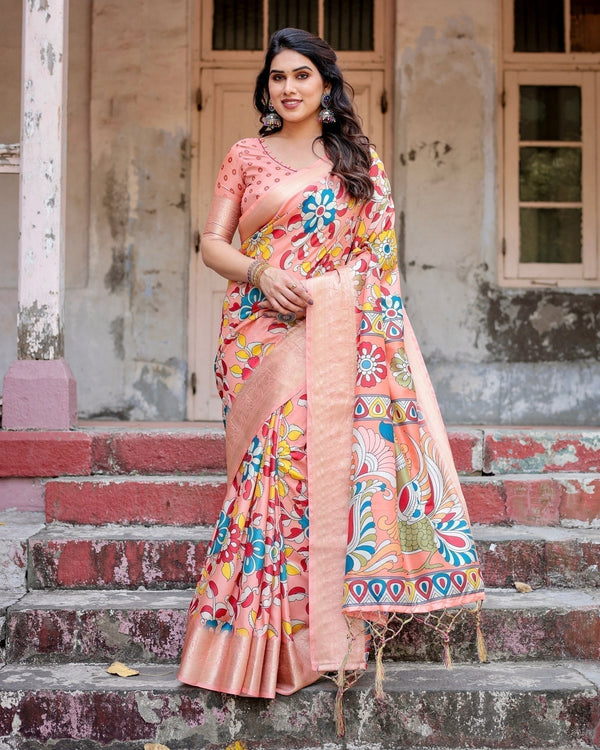 Peach Tussar Silk Saree with Vibrant Floral Kalamkari and Zari Highlights DIGITAL PRINT