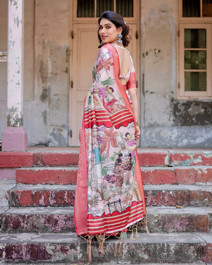 Blush Pink Digital Print Tussar Silk Saree with Vibrant Storyline Art DIGITAL PRINT