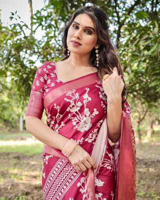 Maroon Tussar Silk Saree with White Floral Motifs, Intricate Zari Border, and Elegant Tassel Pallu DIGITAL PRINT