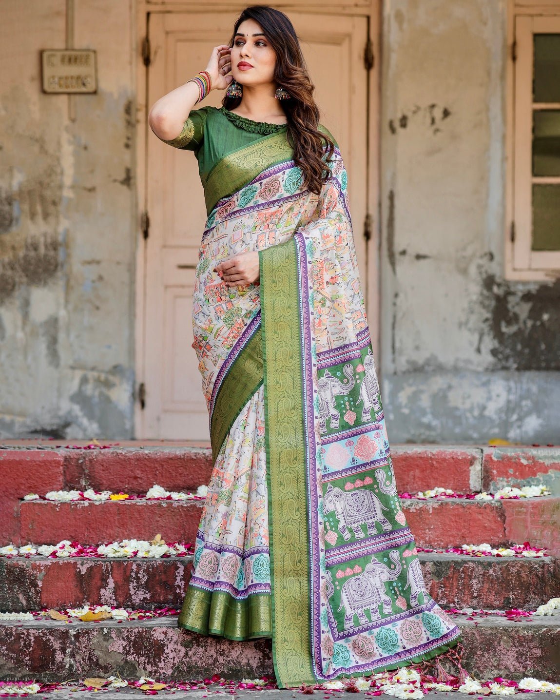 Ivory and Green Tussar Silk Saree with Elephant Motifs and Intricate Zari Border DIGITAL PRINT