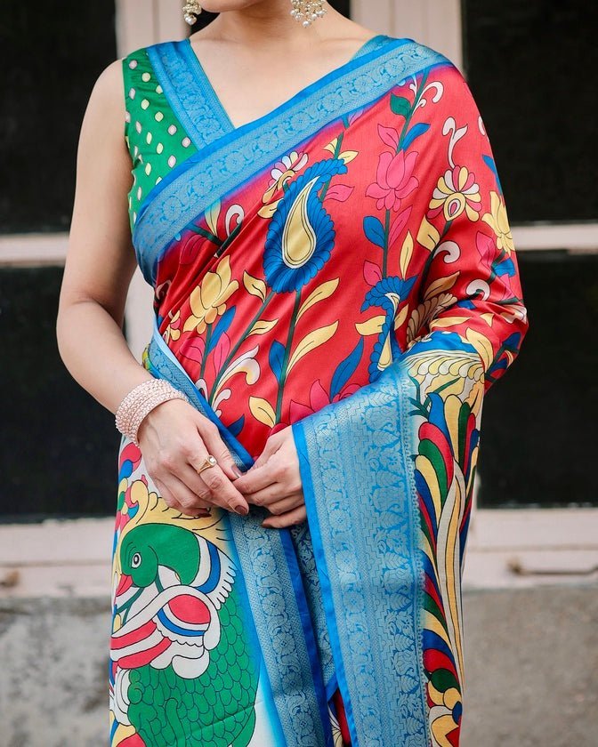 Multicolor Tussar Silk Saree with Vibrant Peacock and Floral Motifs DIGITAL PRINT