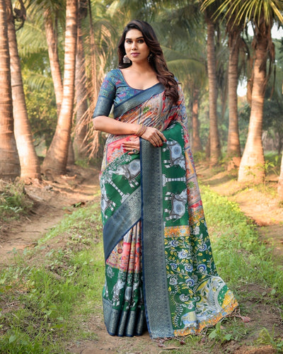 Multicolored Digital Print Tussar Silk Saree with Intricate Zari Border and Elephant Motif Pallu DIGITAL PRINT