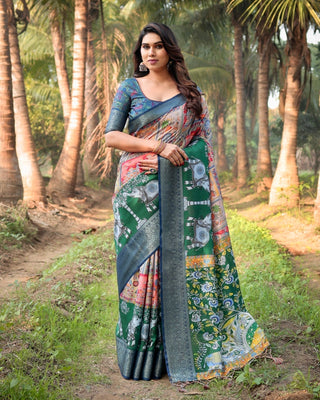Multicolored Digital Print Tussar Silk Saree with Intricate Zari Border and Elephant Motif Pallu DIGITAL PRINT