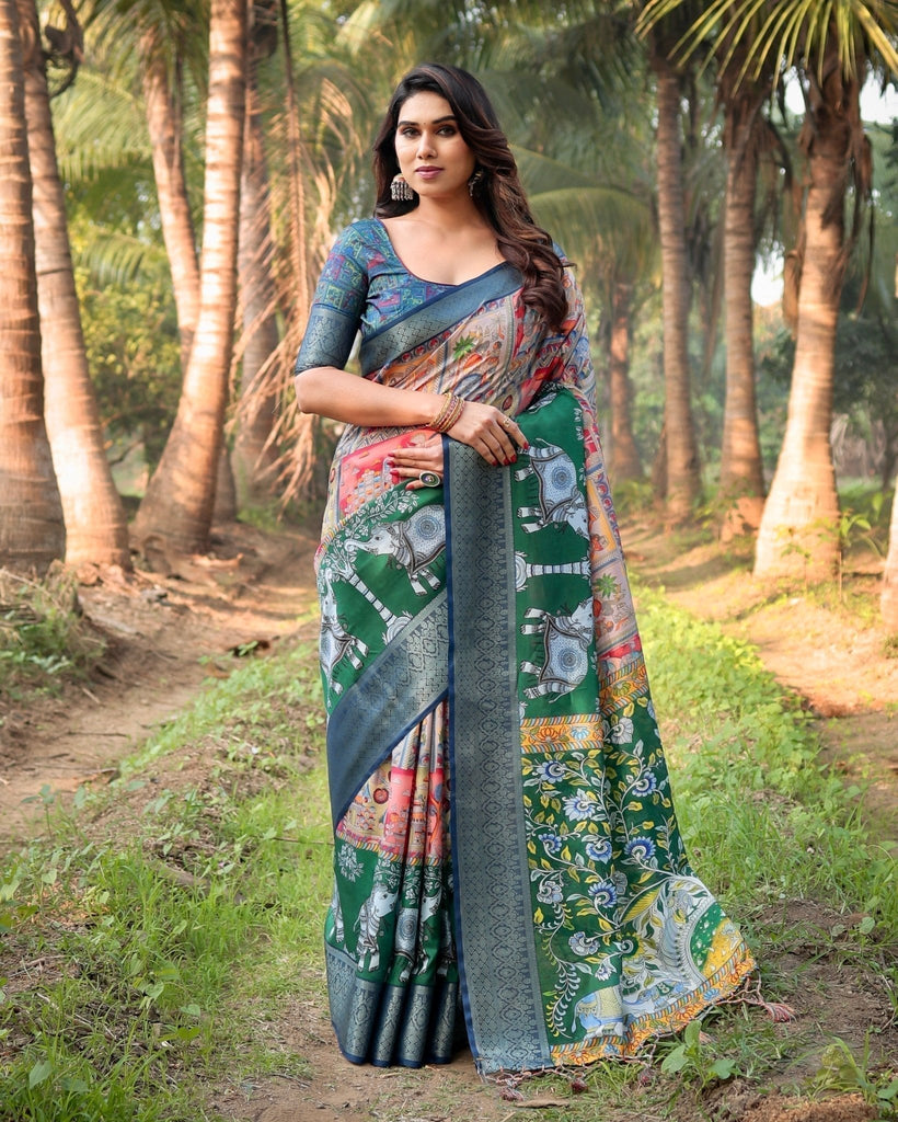Multicolored Digital Print Tussar Silk Saree with Intricate Zari Border and Elephant Motif Pallu DIGITAL PRINT