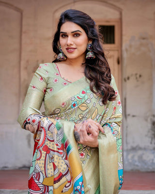 Pastel Green Tussar Silk Saree with Mythological Kalamkari Pallu and Zari Border DIGITAL PRINT