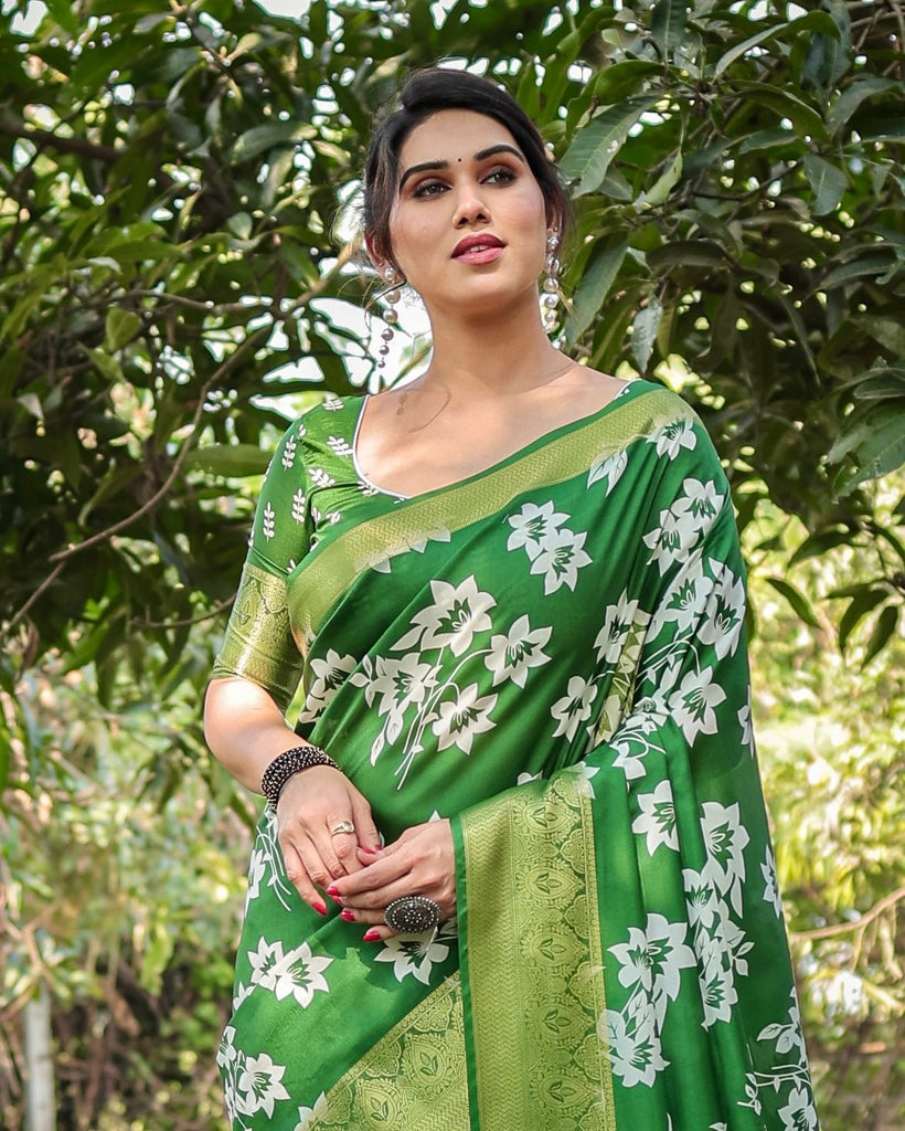 Enchanting Green Tussar Silk Saree with White Floral Prints and Zari Border DIGITAL PRINT