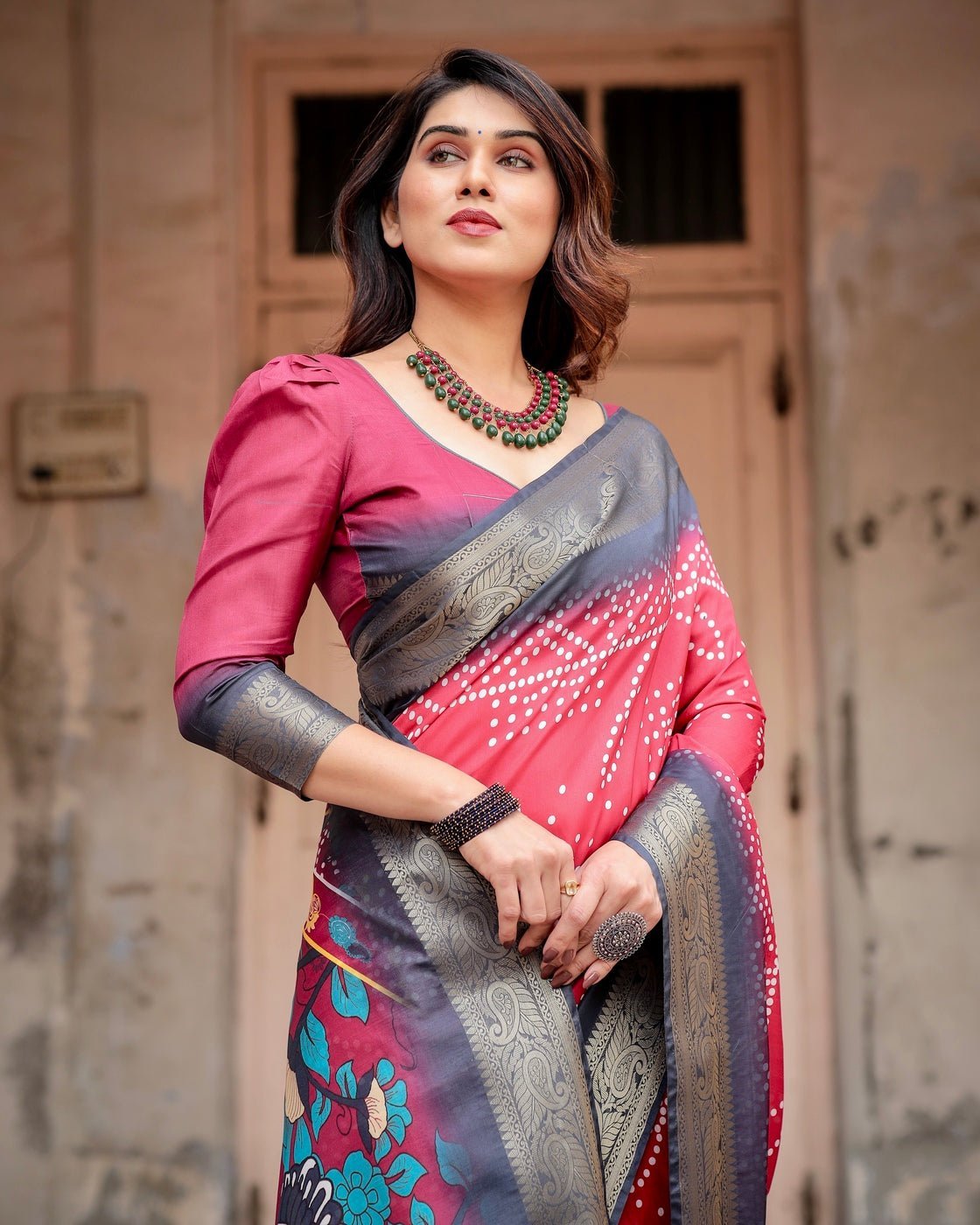 Crimson Red Tussar Silk Saree with Bandhani Patterns, Zari Border, and Vibrant Artistic Pallu DIGITAL PRINT