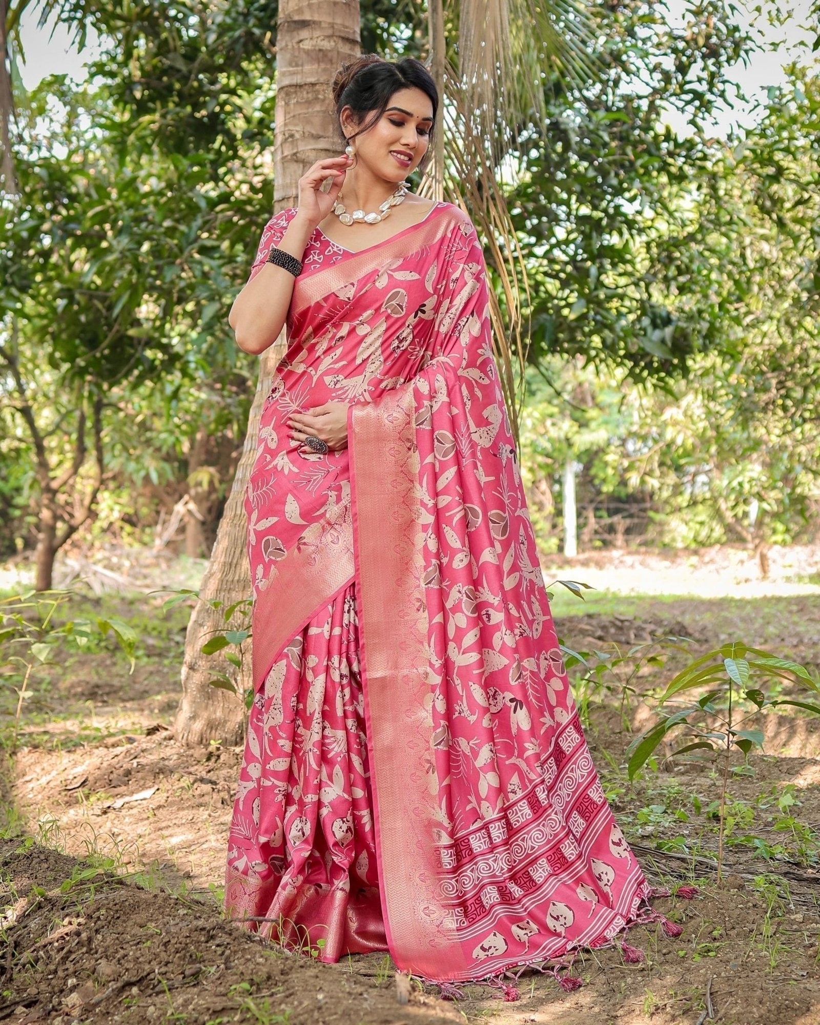 Vibrant Pink Tussar Silk Saree with Intricate Zari Border and Modern Floral Pallu DIGITAL PRINT