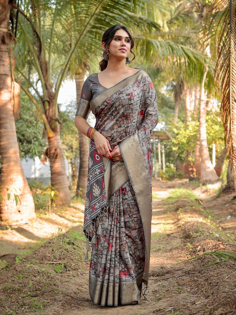 Stunning Grey Tussar Silk Saree with Golden Zari Border and Mosaic-Inspired Pallu Design DIGITAL PRINT