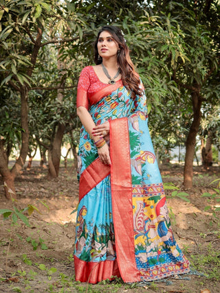 Aqua Blue Tussar Silk Saree with Vibrant Nature-Inspired Prints and Red Zari Border DIGITAL PRINT