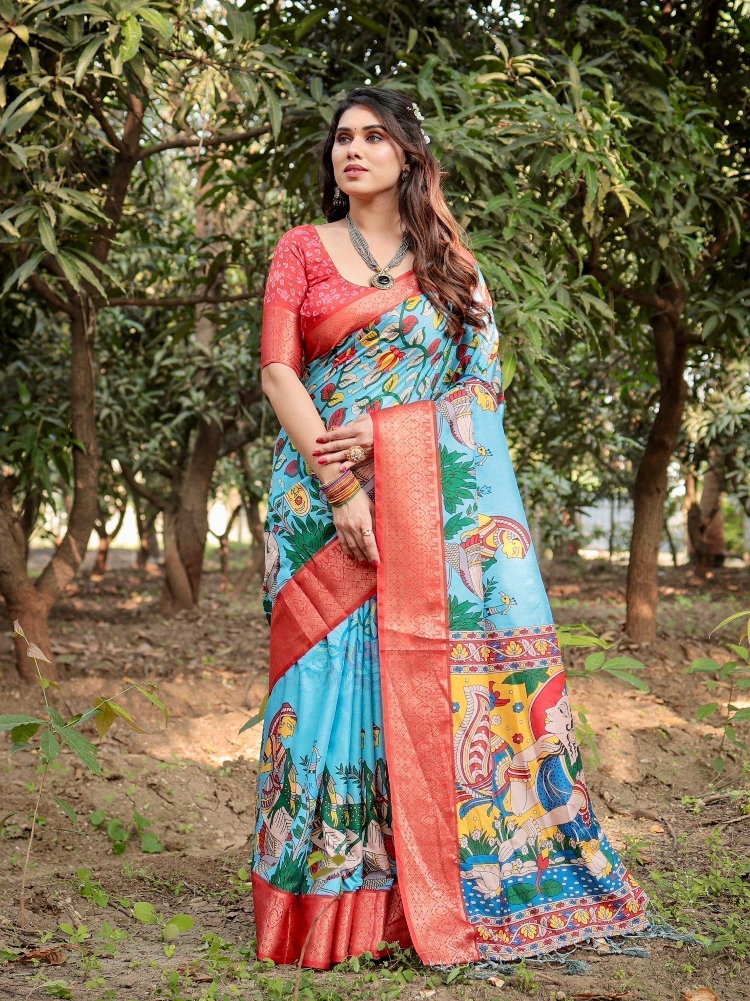 Aqua Blue Tussar Silk Saree with Vibrant Nature-Inspired Prints and Red Zari Border DIGITAL PRINT