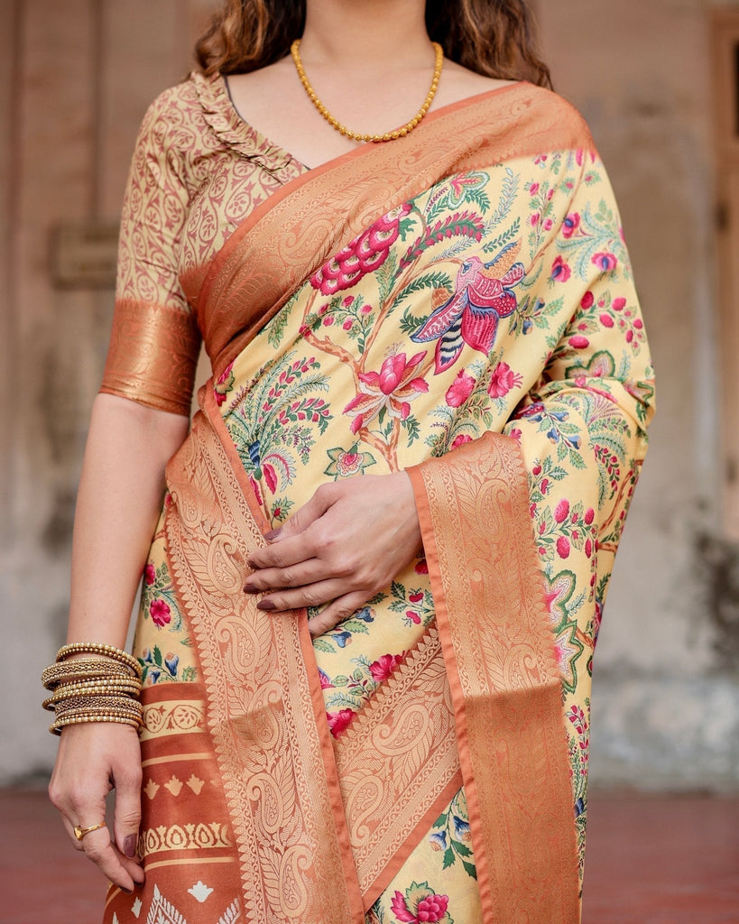 Golden Beige Tussar Silk Saree with Floral Paradise Print and Ornate Zari Border DIGITAL PRINT