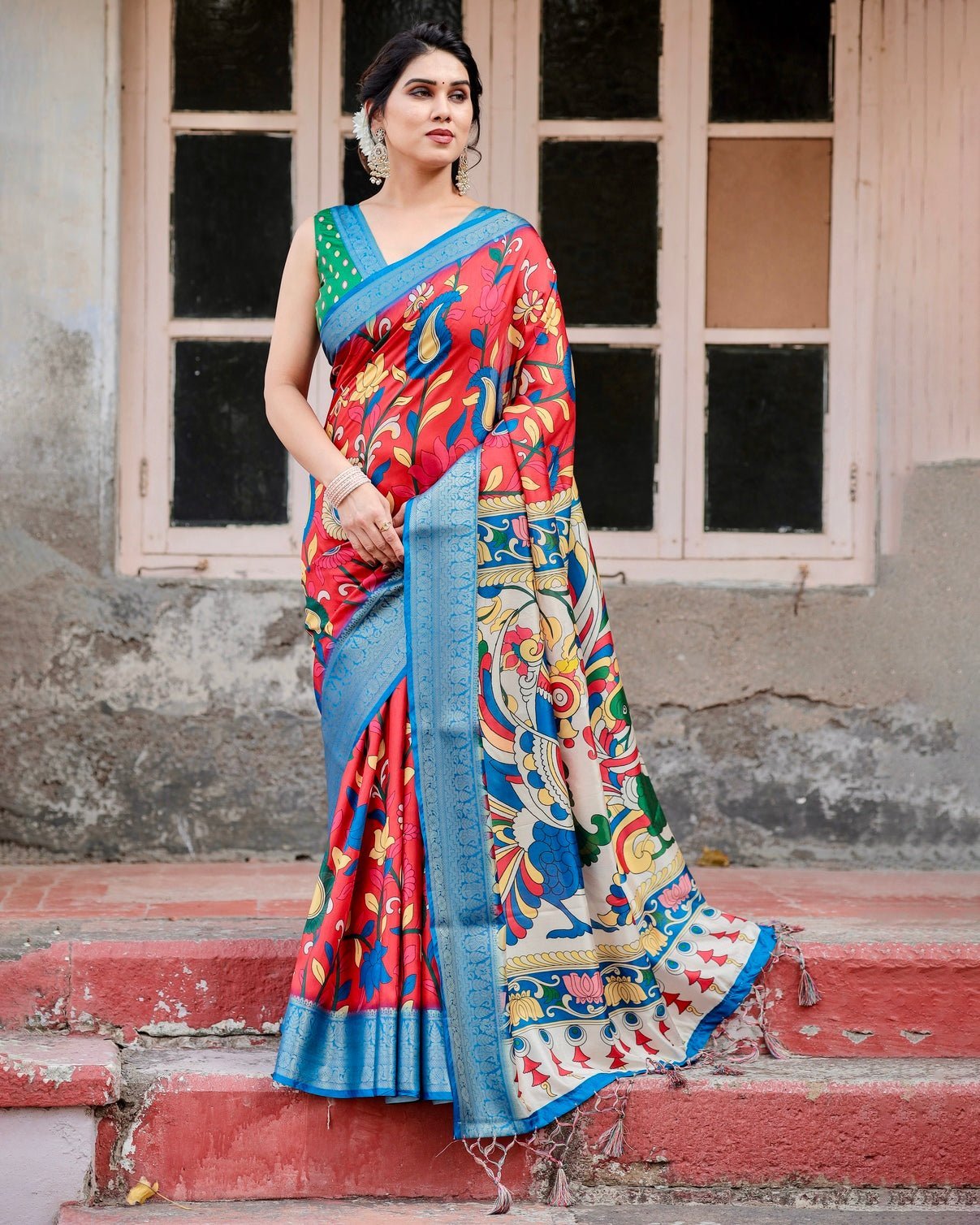 Multicolor Tussar Silk Saree with Vibrant Peacock and Floral Motifs DIGITAL PRINT