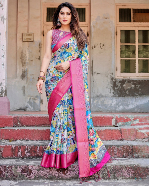 Vibrant Multicolor Digital Printed Tussar Silk Saree with Pink Zari Border DIGITAL PRINT