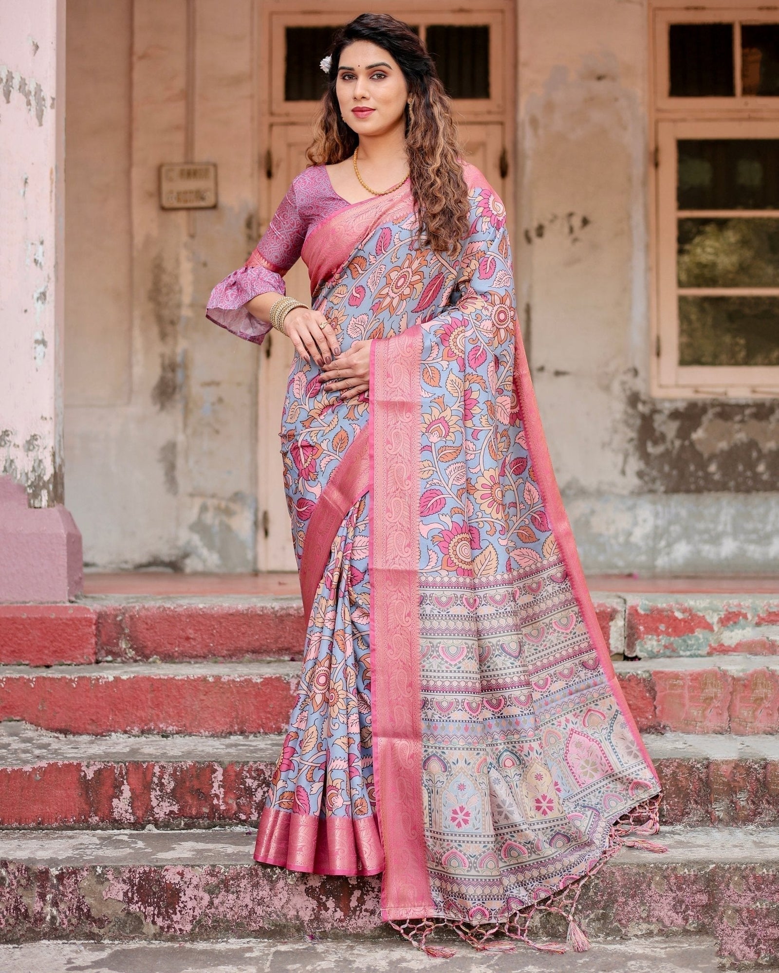 Graceful Grey Tussar Silk Saree with Pink Zari Border and Intricate Floral Motifs DIGITAL PRINT