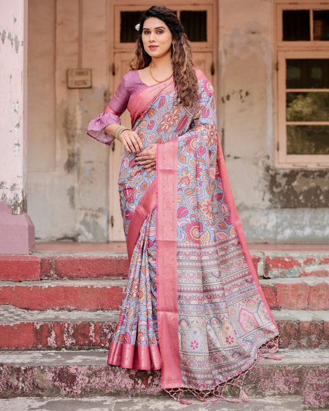 Graceful Grey Tussar Silk Saree with Pink Zari Border and Intricate Floral Motifs DIGITAL PRINT Main image