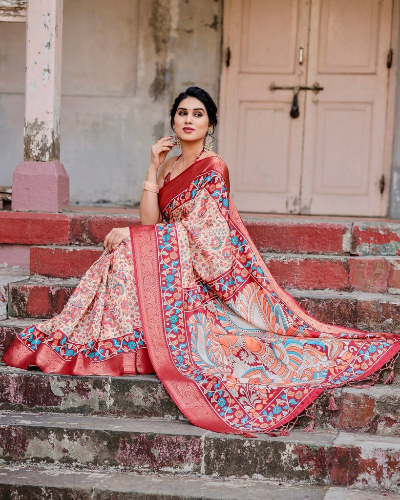 Beige and Coral Tussar Silk Saree with Intricate Floral Prints and Artistic Pallu DIGITAL PRINT