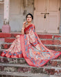 Load image into Gallery viewer, Beige and Coral Tussar Silk Saree with Intricate Floral Prints and Artistic Pallu DIGITAL PRINT