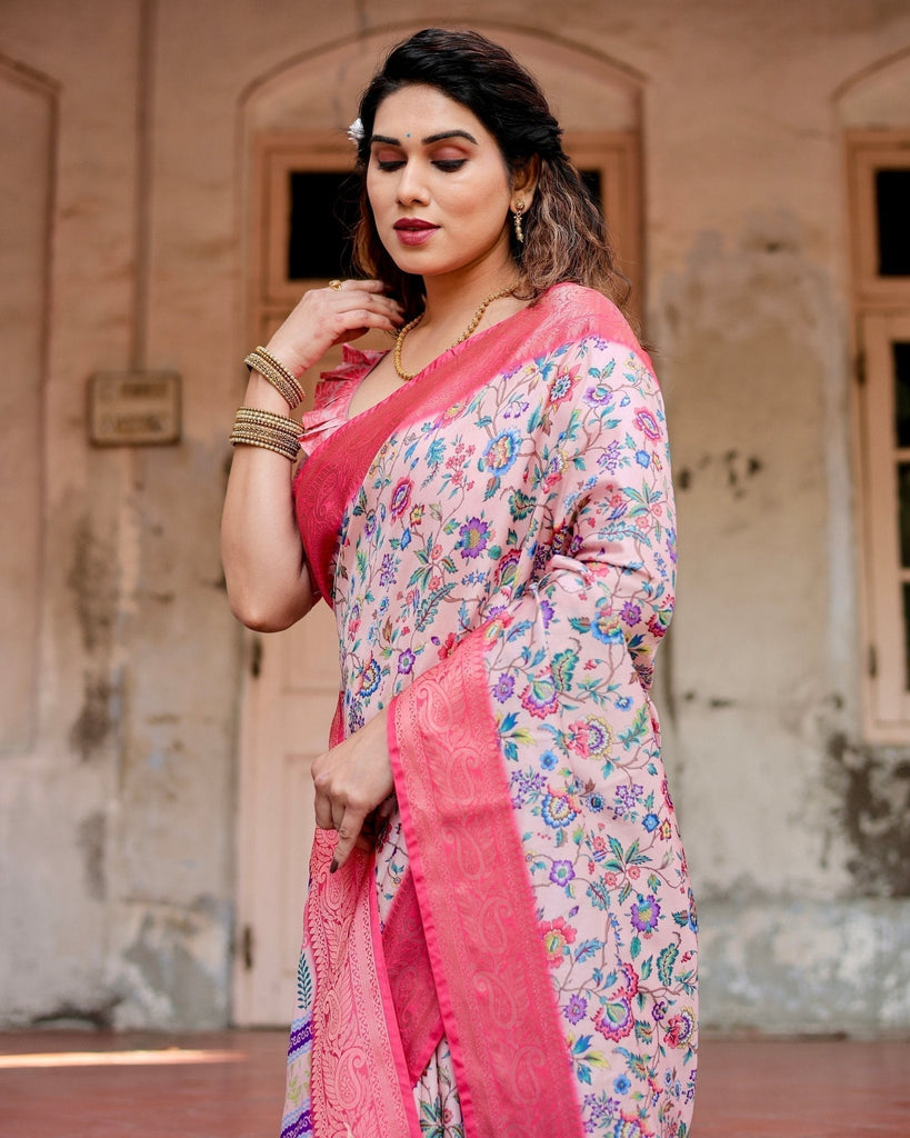 Blush Pink Tussar Silk Saree with Multicolor Floral Design and Zari Paisley Border DIGITAL PRINT