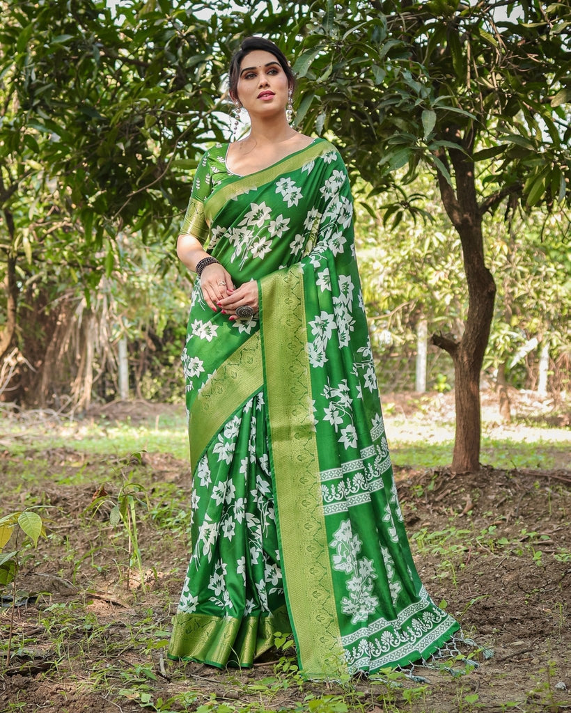 Enchanting Green Tussar Silk Saree with White Floral Prints and Zari Border DIGITAL PRINT