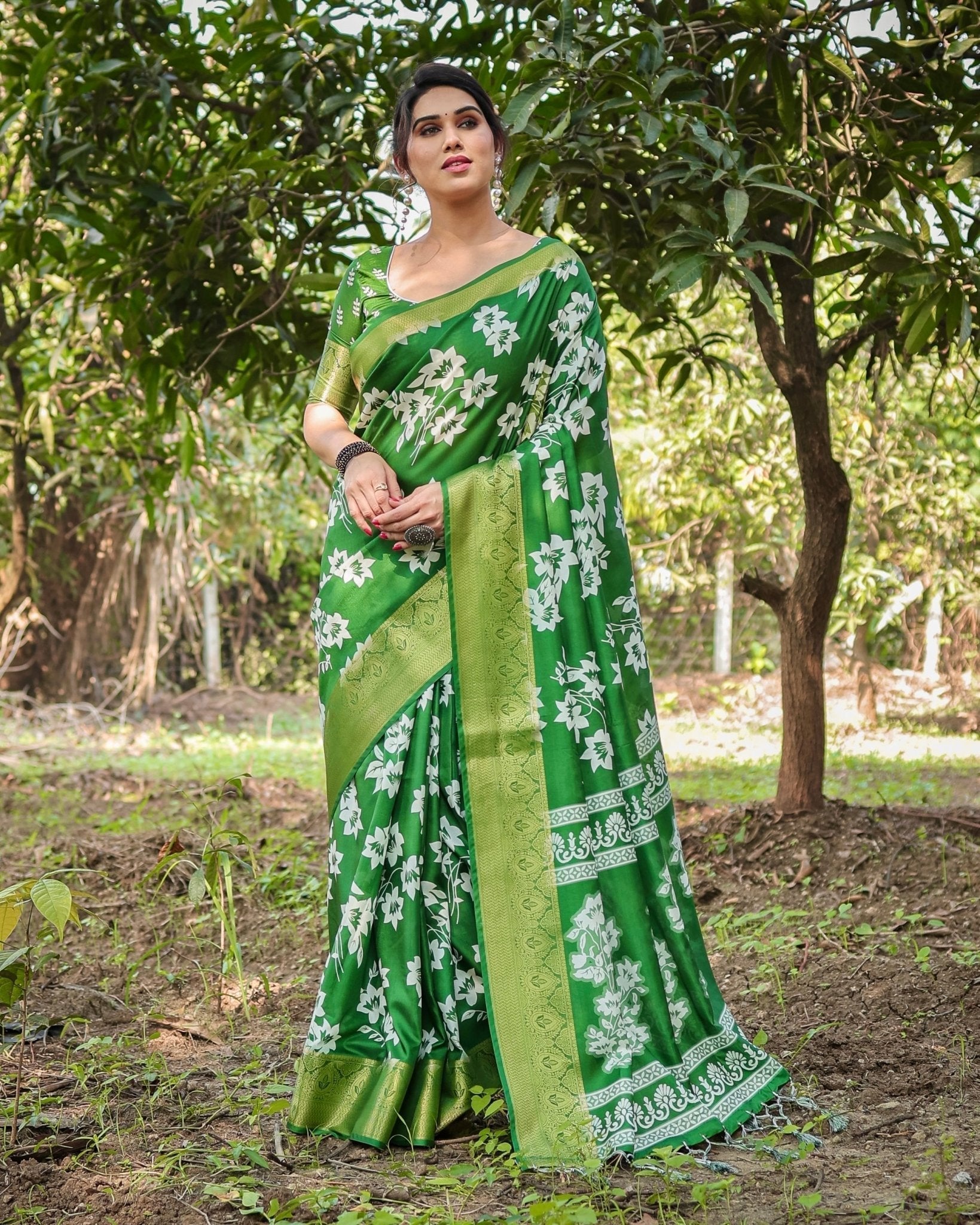 Enchanting Green Tussar Silk Saree with White Floral Prints and Zari Border DIGITAL PRINT Main image