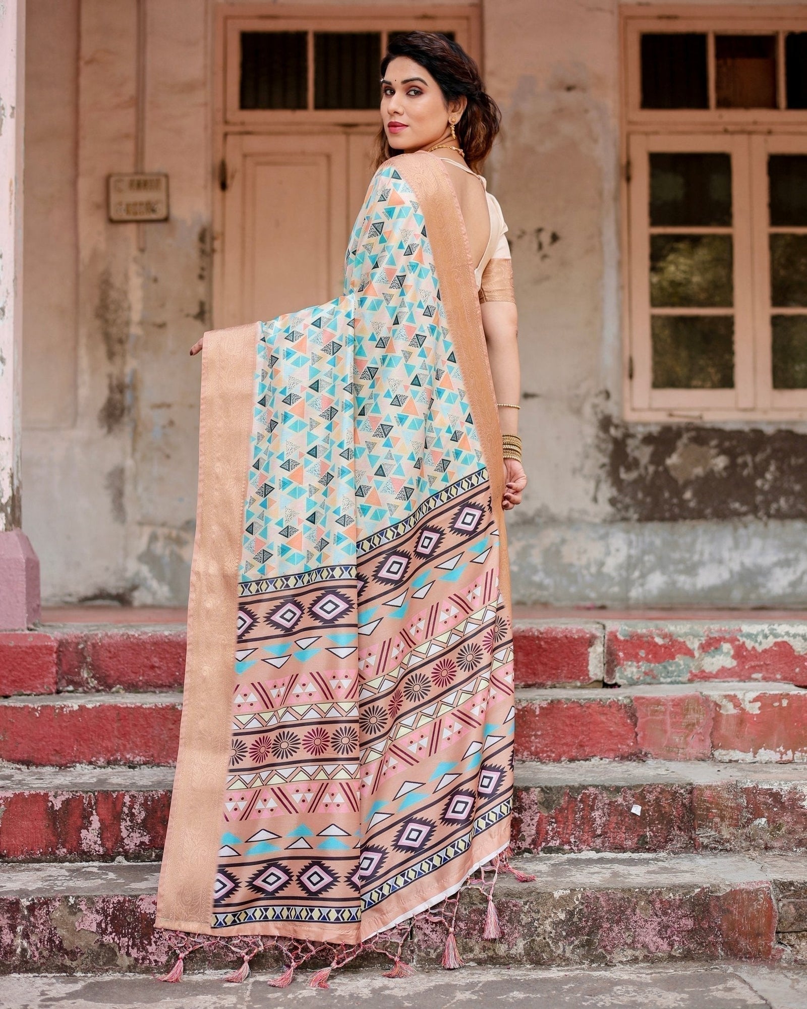 Contemporary Beige Tussar Silk Saree with Geometric Triangle Print and Golden Zari Border DIGITAL PRINT